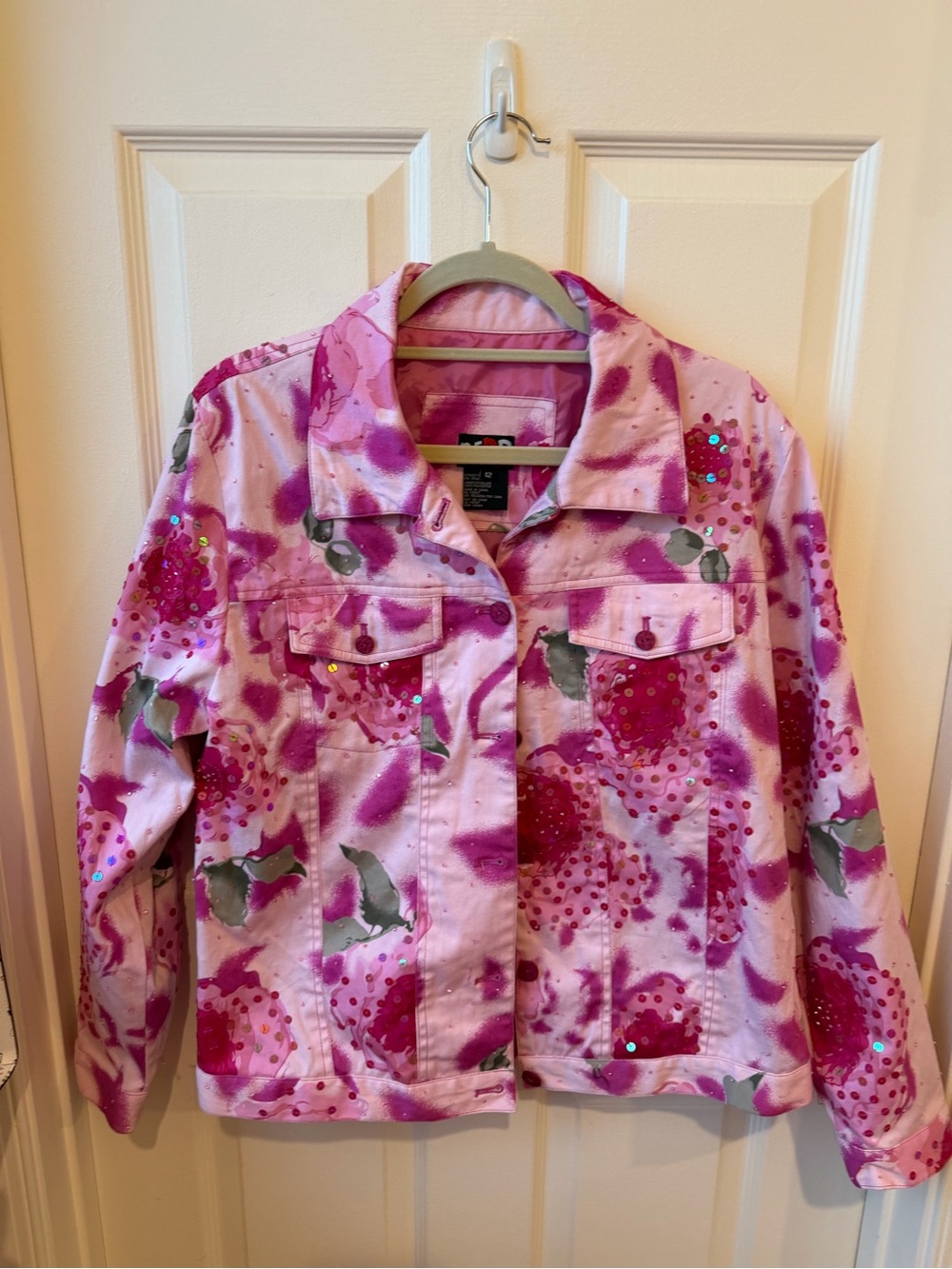 Pink Sequin Floral Jean Jacket - Women's Casual sz 12